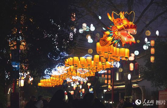 2月10日，游客在杭州西溪濕地的“百丈龍燈”前打卡留念?！鞍僬升垷簟蔽挥谖飨獫竦貎仁Y村集市慢生活街區，長40余米，蜿蜒盤旋與周邊各色花燈交相輝映。人民網記者 郭揚攝 